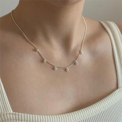 925 Sterling Silver Choker Necklace With Round Cubic Zirconia Pendants Minimalist Elegant Jewelry For Women