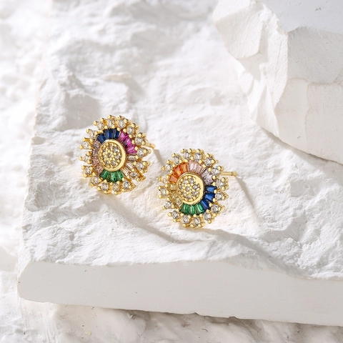 Geometric Copper Stud Earrings With Copper Earring Post 18K Gold Plated Colorful Micro Inlaid Zircon Retro Jewelry
