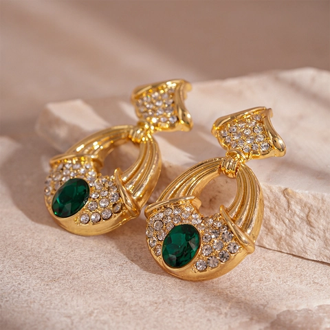 Orecchini Vintage Barocchi In Lega Dorata Con Pietra Verde E Strass Perno In Argento Sterling 925 Per Donna