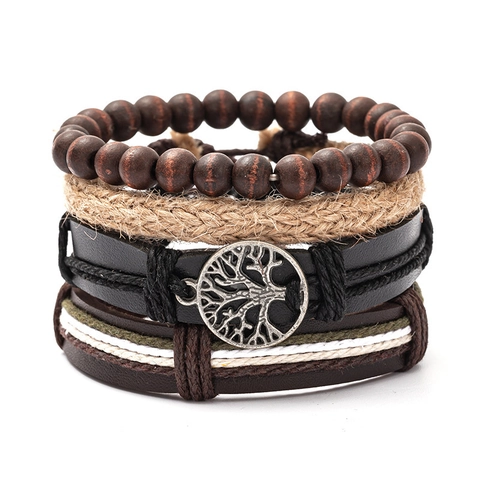Lebensbaum Retro Handgewebtes Leder Armband-Set Für Herren Boho Ethnisch Holzperlen Hanfseil Verstellbares Charm-Armband