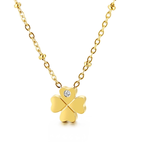 Four Leaf Clover Pendant Necklace Stainless Steel Heart Shape Zircon Inlay Elegant Jewelry For Women Clavicle Chain