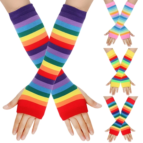 Scaldabraccia In Maglia A Righe Arcobaleno Guanti Senza Dita Con Foro Per Pollice Per Accessorio Moda Cosplay