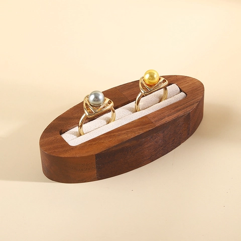 Walnut Wood Ring Display Stand Solid Wood Minimalist Oval Jewelry Holder With Velvet Slot For Desktop Storage Or Prop