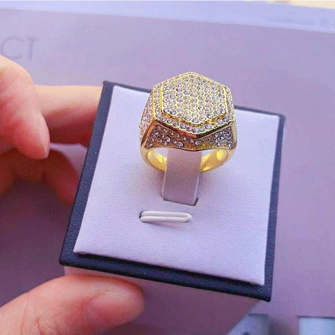 Men Hexagon Signet Ring Alloy Rhinestone Iced Out Hip Hop Style Fashion Jewelry Wide Band Accessory For Male