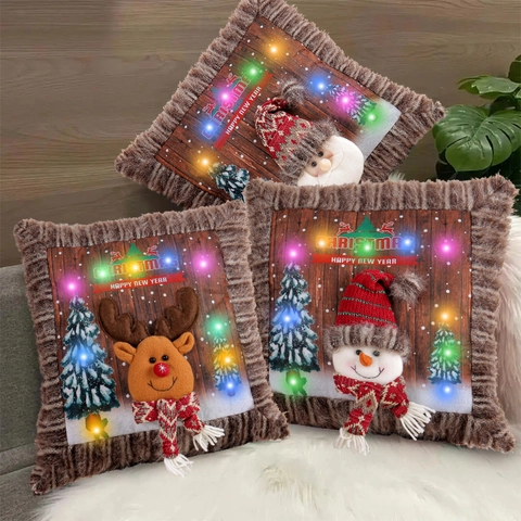 Christmas LED Light Up Cushion Cover 3D Santa Snowman Reindeer Faux Fur Plush Decorative Pillowcase Holiday Home Decor