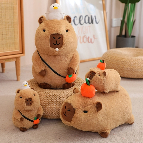 Capybara Plush Toy Soft Stuffed Animal With Bird And Orange Bag Squeaky Interactive Bubble Blowing Doll Gift For Kids