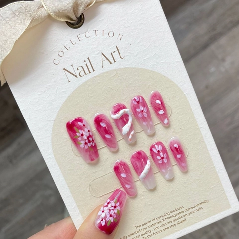 Handgefertigte Kirschblüte Aufklebbare Nägel Rosa Marmor 3D Relief Schleife Blumendesign Japanischer Stil Künstliche Nägel