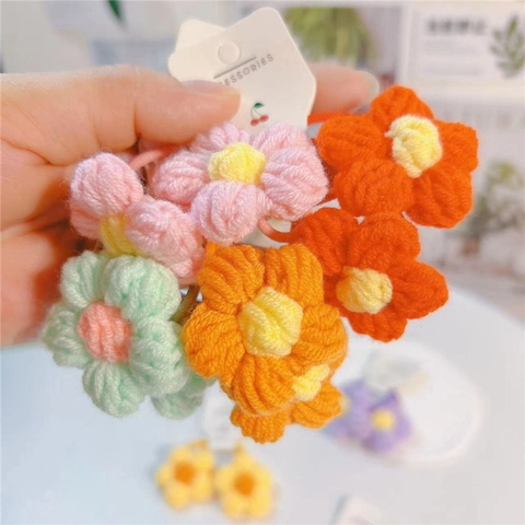 Handmade Crocheted Flower Hair Ties For Girls Sweet Woolen Yarn Elastic Hair Bands Cute Floral Scrunchies Kids Hair Accessories