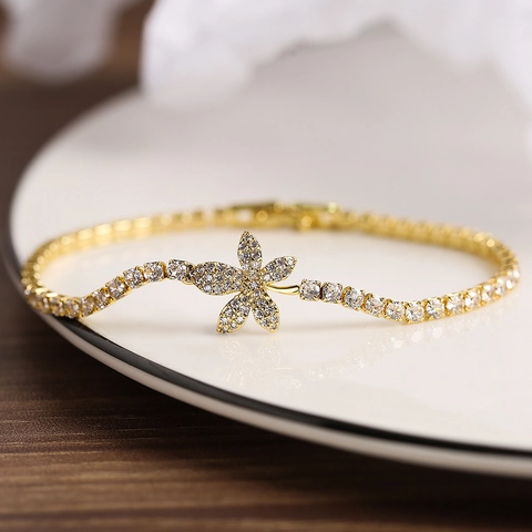 Bracelet Zircon Fleur Feuille Élégant Cuivre Laiton Chaîne Tennis Réglable Bijoux Tendance Pour Femmes Cadeau Anniversaire