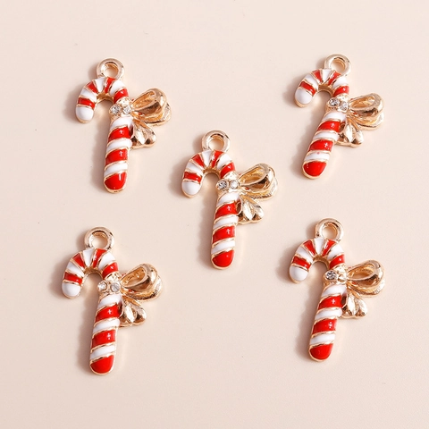 Zinc Alloy Christmas Candy Cane Pendants Enamel Bow Rhinestone DIY Jewelry Finding Charms For Bracelet Necklace Accessory