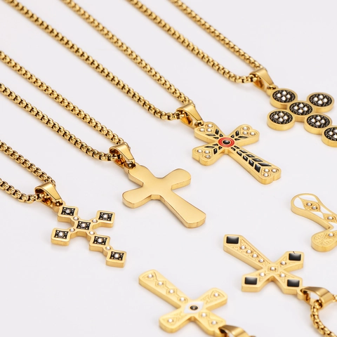Collana Con Pendente A Croce Placcata Oro 18K Acciaio Inossidabile Con Smalto E Strass Stile Punk Religioso Catena Box