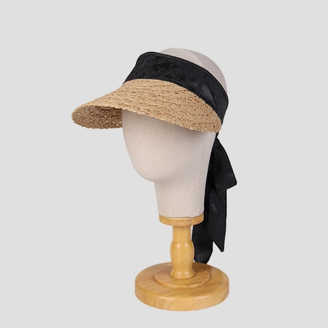 Elegante Zonneklep Van Raffia Stro Met Brede Rand Zonbescherming Zomer Visier Met Satijnen Bloemenstrik Voor Dames