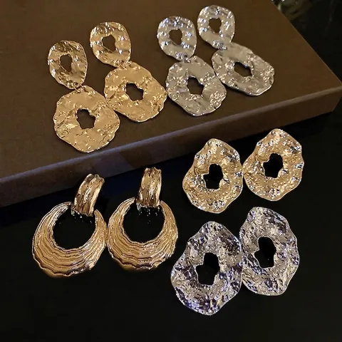 Irreguläre Geometrische Hammerschlag Ohrringe Legierung Hohl Vintage Damen Mit 925 Sterling Silber Ohrstecker