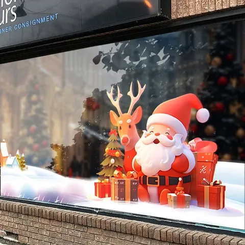 Christmas Window Stickers Santa Claus Reindeer Static Cling Decals Double Sided UV Print Holiday Glass Door Decorations