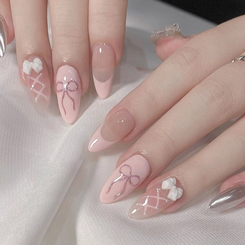 Faux Ongles Roses Sucrés Forme Amande Française Avec Nœud 3D Amovibles En Plastique ABS Ongles De Luxe Style Ins Dame