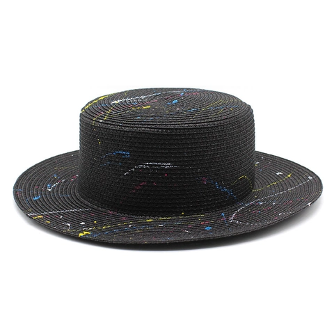 Paint Splatter Graffiti Straw Boater Hat Flat Top Wide Brim Summer Beach Sun Protection Artistic Panama Style