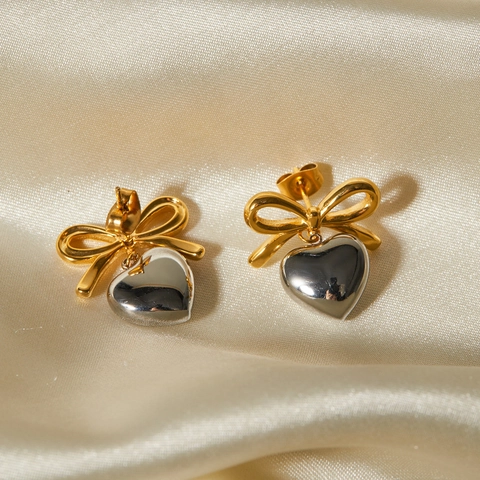 Elegantes Pendientes de Gota de Acero Inoxidable con Lazo y Corazón Bicolor Oro Plata Pendientes Colgantes con Lazo y Corazón Joyería para Mujer