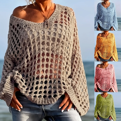 Haut En Tricot Ajouré Pour Femmes Crochet Polyester Spandex Haut De Plage Ample Manches Longues Style Vacances