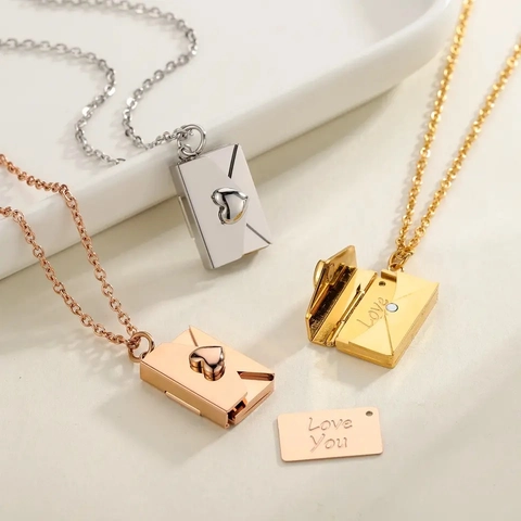 Stainless Steel Pendant Necklace Openable Book Envelope Shape 18K Gold Plated Heart Engraved Romantic Gift For Couples