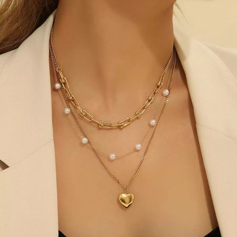 Multi-Layer Edelstahl Halskette Für Damen Herzanhänger Kunstperle U-Link Kette Retro Modeschmuck