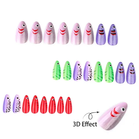 3D Cartoon Fish Press On Nails Cat Eye Colorful Almond Shape Artificial Fake Nails Glossy Glitter For Women Manicure
