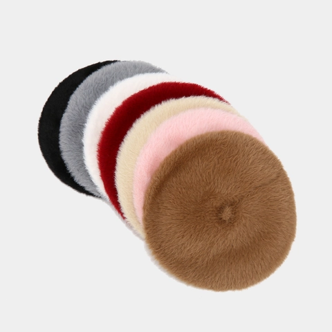 Women Faux Fur Beret Hat Thickened Warm Retro Solid Color Autumn Winter Fashion Painter Cap Simple Elegant