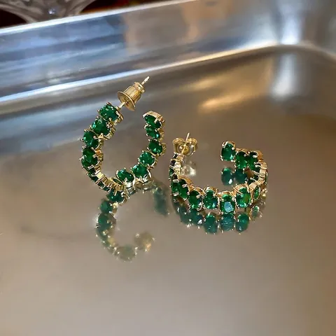 Orecchini A Cerchio A Forma Di C In Cristallo Verde Con Perno In Argento Lega Gioielli Con Strass Smeraldo Stile Vintage