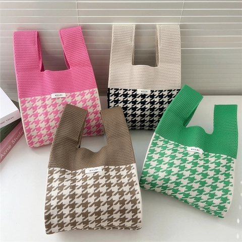 Fashionable Houndstooth Knitted Handbag For Women Contrast Color Mini Tote Wrist Bag Soft Polyester Commuting Purse