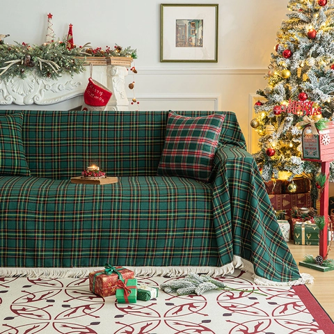 Christmas Plaid Sofa Cover Throw Blanket Polyester Tassel Fringe Tartan Pattern Retro Holiday Decor Living Room Full Cover