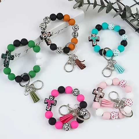 Leopard Print Silicone Bead Wristlet Keychain With Jesus Cross Pendant Silicone Beaded Keyring For Women Bag Charm Accessory