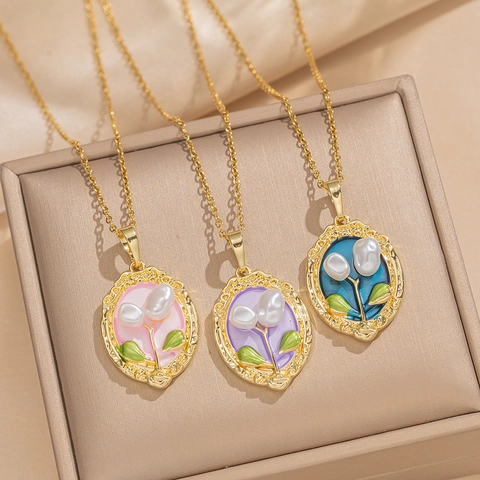 Collana Con Ciondolo Perla Artificial Barocca Retrò Francese Rame Smalto Fiore Dipinto Ovale Floreale Tulipano Gioielli Eleganti Per Donna