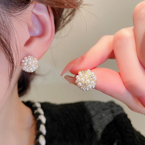 Elegant Cluster Faux Artificial Pearl Stud Earrings Cubic Zirconia Gold Plated Copper With 925 Sterling Silver Earring Post For Women