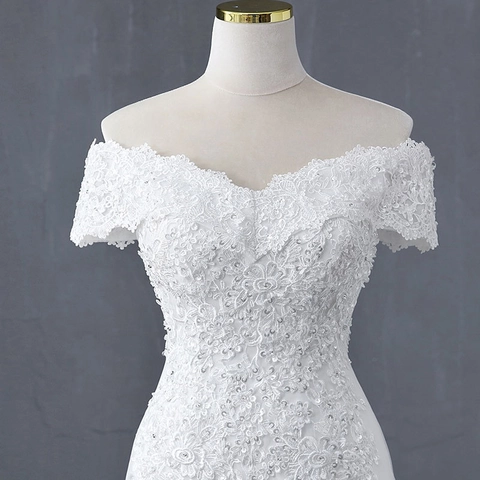 Vestido De Novia De Sirena Con Hombros Descubiertos De Encaje Con Cola Larga Lentejuelas Cuentas Elegante