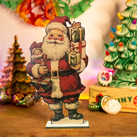 Vintage Wooden Santa Claus Desktop Ornament Retro Oil Painting Style Standing Cutout Christmas Holiday Table Decoration