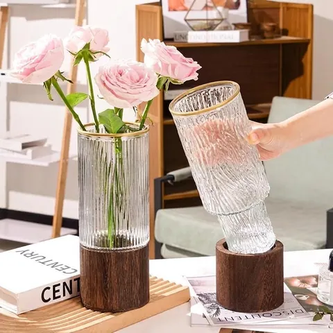 Modern Minimalist Glass Vase With Wooden Base Gilded Rim Ribbed Ripple Texture Desktop Decor For Hydroponic Flowers