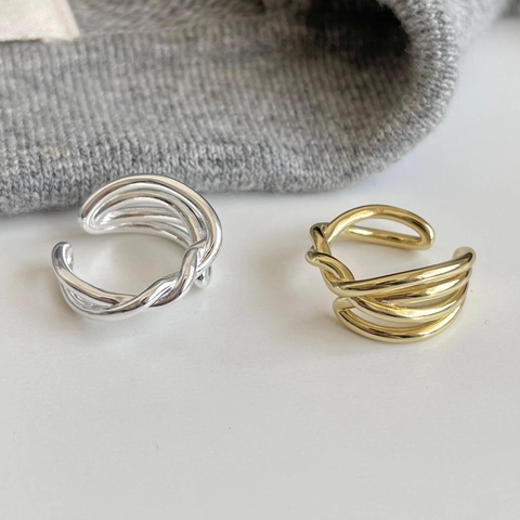 925 Sterling Silver Ring Multilayer Irregular Cross Line Adjustable Minimalist Geometric Fashion Jewelry