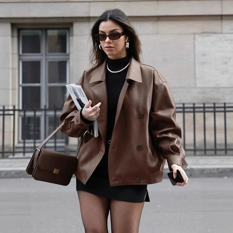 Giacca In Ecopelle Da Donna Oversize Retrò Collo A Lancetta Bottoni Stile Blazer