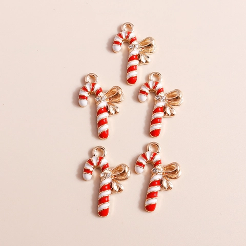Zinc Alloy Christmas Candy Cane Pendants Enamel Bow Rhinestone DIY Jewelry Finding Charms For Bracelet Necklace Accessory