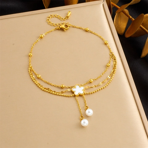 Edelstahl Gold Mehrlagiges Fußkettchen Muschelblume Künstliche Perle Quaste Eleganter Sommerschmuck Für Damen