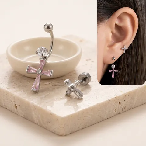 Cross Cartilage Stud Earrings Titanium Steel Square Zircon Screw Back Conch Piercing Jewelry For Women