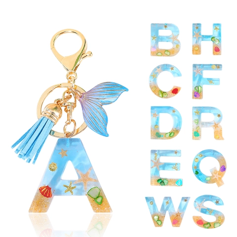 Ocean Beach Style Alphabet Initial Letter Keychain Resin Starfish Shell Inlaid Mermaid Tail Tassel Gold Keyring For Women