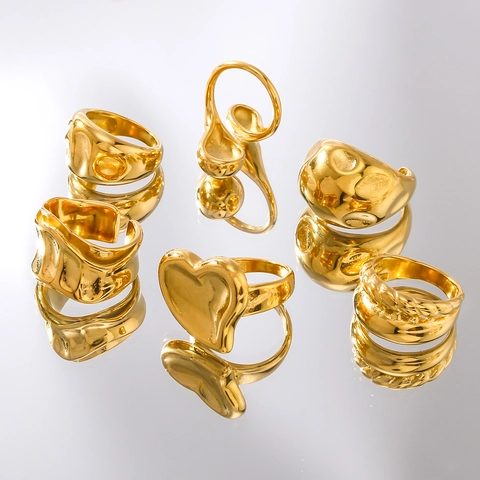 Unregelmäßiger Vergoldeter Edelstahl Ring Für Damen Einzigartiges Herz Geometrische Geschmolzene Textur Verstellbarer Offener Mode Ring Statement Schmuck