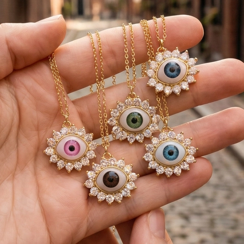 Collier Pendentif Mauvais Œil Cuivre Plaqué Or 18K Zircon Style Turc Bijou Pour Femme