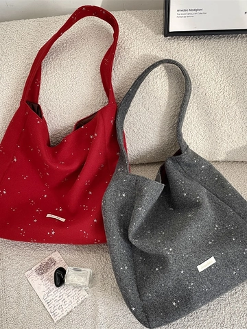 Wollfilz Tote Bag Pailletten Sternenmuster Große Kapazität Winter Herbst Schulterhandtasche Für Damen