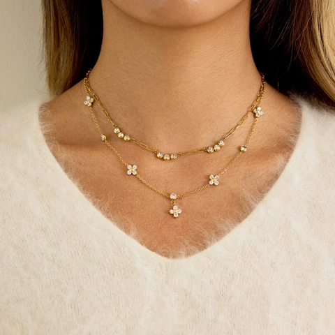 Edelstahl 18K Vergoldet Strass Vierblättriges Kleeblatt Anhänger Halskette Für Damen Elegant Mode Pendler Schmuck