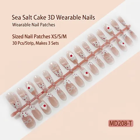 Sea Salt Cake Press On Nails 3D Cream Cat Eye Bow Red Dot Almond Shape Sweet Elegant Manicure For Women
