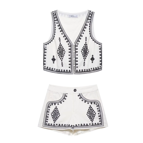 Dames Geborduurde Etnische Boho Mouwloos Vest Met V-Hals En Shorts Met Hoge Taille Wit Polyester Mode