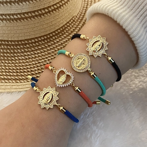 Virgin Mary St Benedict Religious Charm Braided Rope Bracelet Adjustable Copper Zircon Jewelry For Women