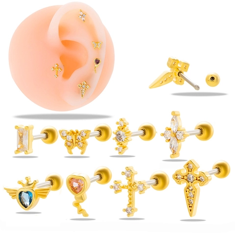 Orecchini Piercing Cartilagine Elica In Acciaio Inossidabile Rame Zircone Chiusura Vite Farfalla Cuore Croce Per Donne