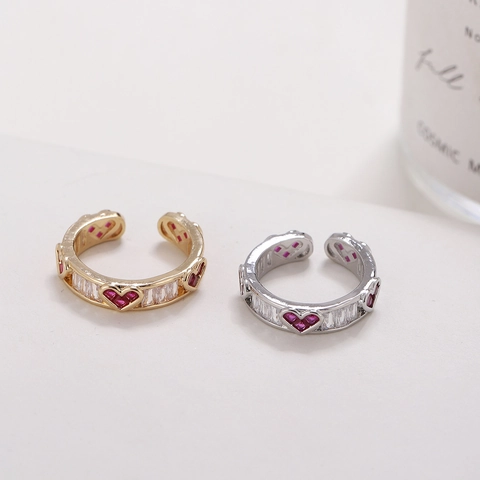 Kupfer Zirkonia Herz Offener Ring Für Damen Gold Silber Plattiert Rotes Herz Verstellbarer Modeschmuck Fingerring